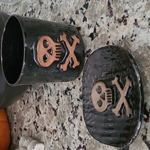 Handmade Ceramic Skull Crossbones Halloween Bathroom Set